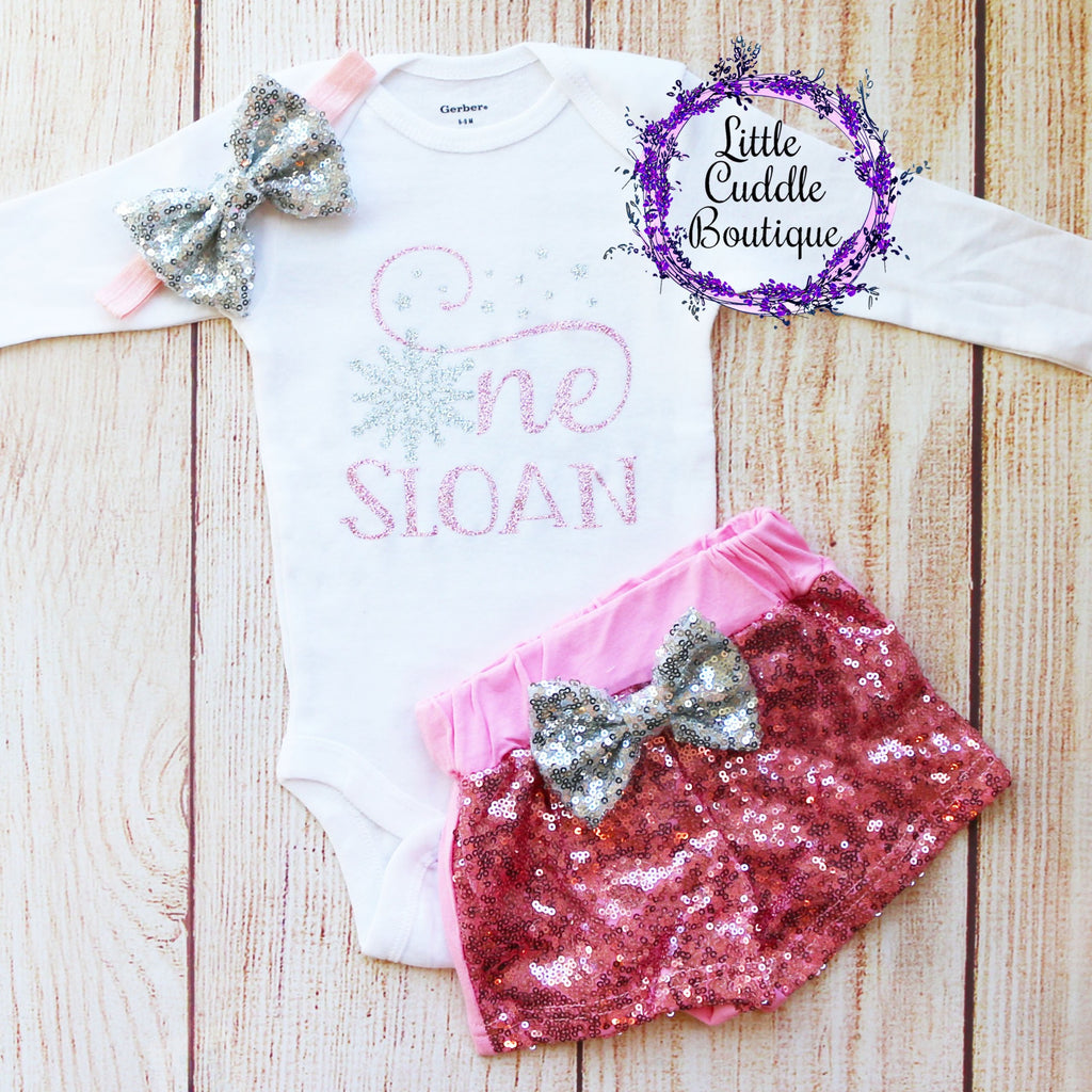 Personalized Winter Wonderland First Birthday Shorts Outfit