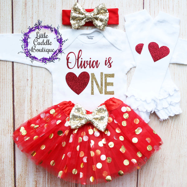 Personalized Valentine's Day 1st Birthday Girl Outfit-Little Cuddle Boutique Top/Tutu/Bow-Long Sleeve / 12 Months