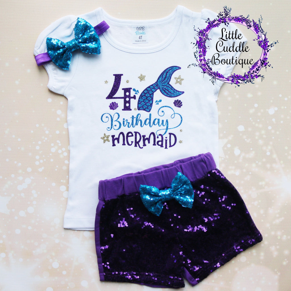 4th Mermaid Girl Birthday Shorts Outfit