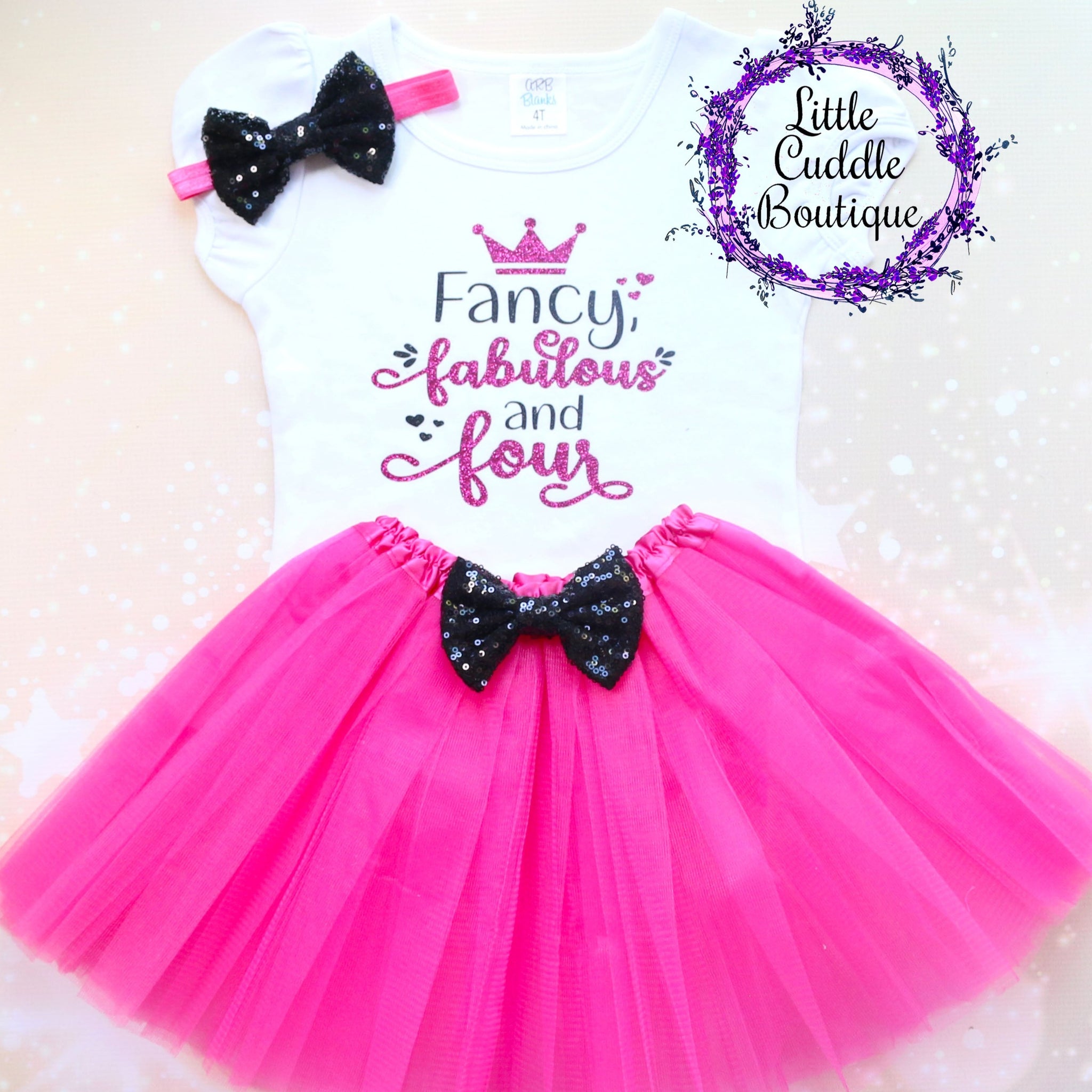 Fancy Fabulous and Four Birthday Tutu Outfit-Little Cuddle Boutique Puff Sleeve Shirt Only Long Sleeve / 10 Fancy Fabulous and Four Birthday Tutu Outfit-Little Cuddle Boutique Puff Sleeve Shirt Only Long Sleeve / 10