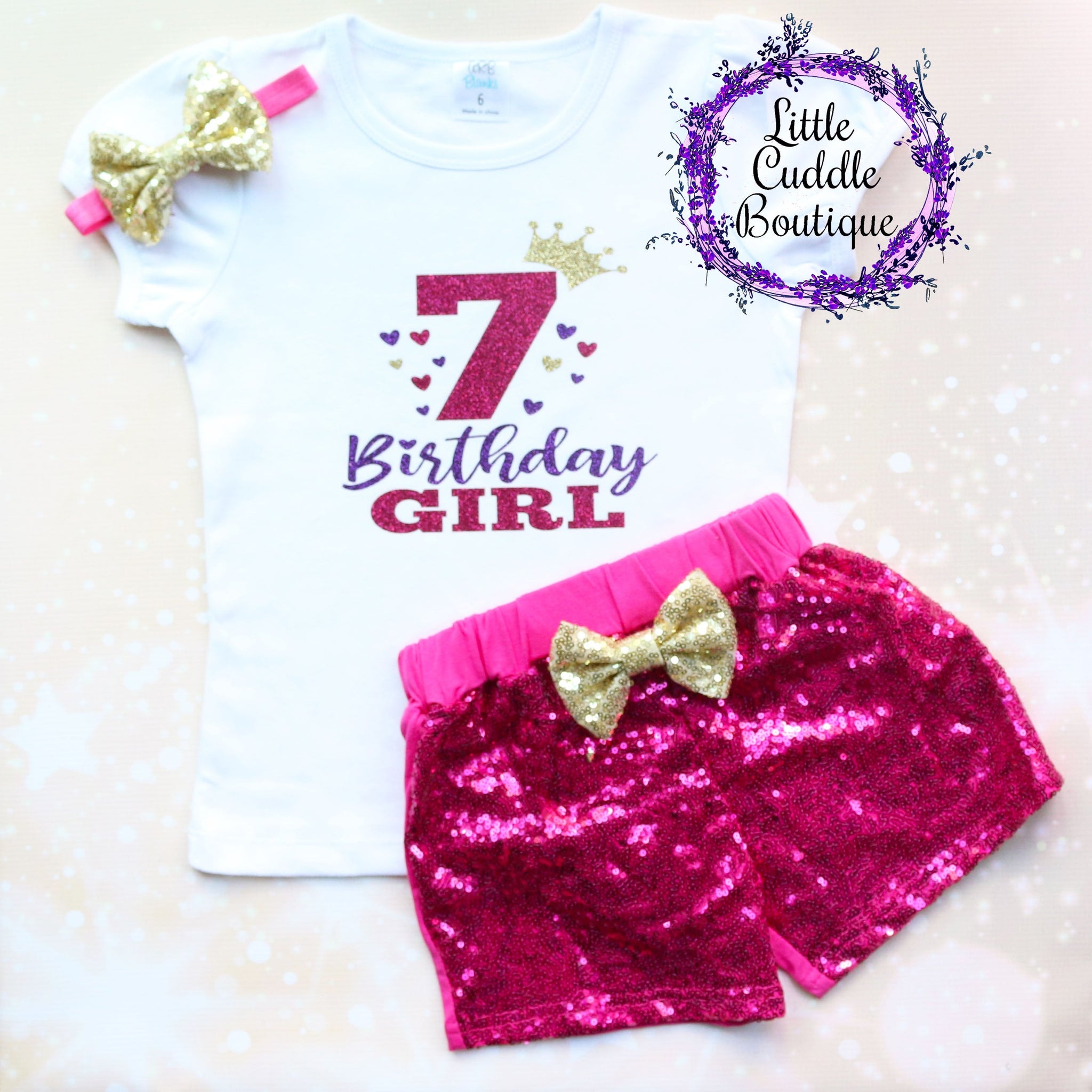 7 Birthday Girl Shorts Outfit-Little Cuddle Boutique Complete Outfit-Long Sleeve / 5T 7 Birthday Girl Shorts Outfit-Little Cuddle Boutique Complete Outfit-Long Sleeve / 5T