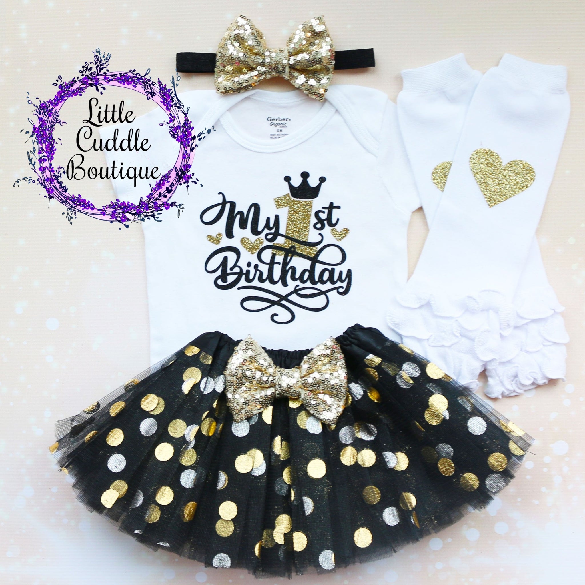 Black And Gold First Birthday Tutu Outfit-Little Cuddle Boutique 4pc Set As Shown-Short Sleeve / 18 Months Black And Gold First Birthday Tutu Outfit-Little Cuddle Boutique 4pc Set As Shown-Short Sleeve / 18 Months