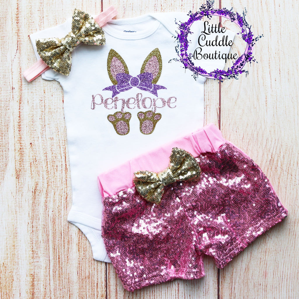 Personalized Bunny Ears Easter Shorts Outfit