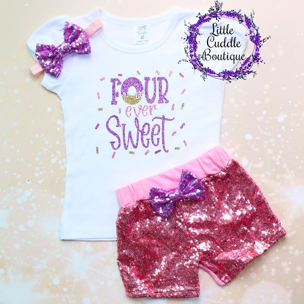Four Ever Sweet Donut 4th Birthday Shorts Outfit