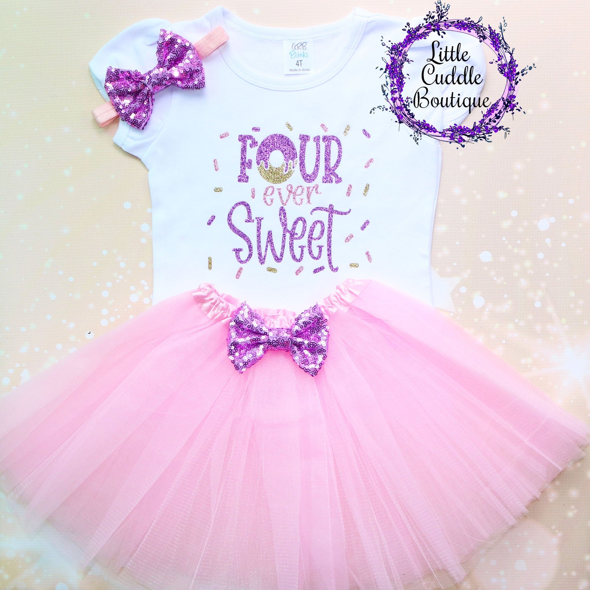 Four Ever Sweet Donut 4th Birthday Tutu Outfit-Little Cuddle Boutique Complete Outfit-Short Sleeve / 10 Four Ever Sweet Donut 4th Birthday Tutu Outfit-Little Cuddle Boutique Complete Outfit-Short Sleeve / 10