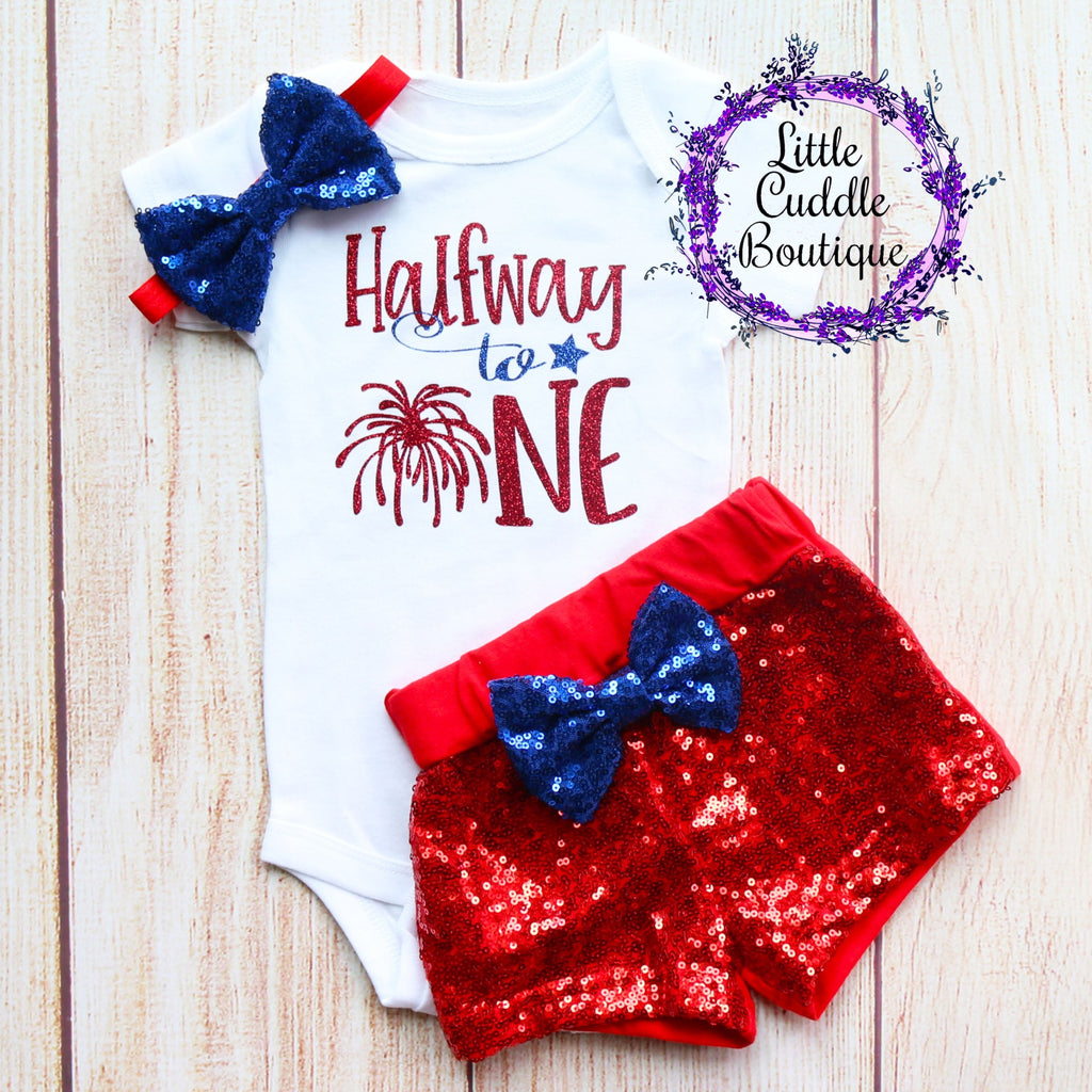 Halfway To One 4th Of July Baby Shorts Outfit