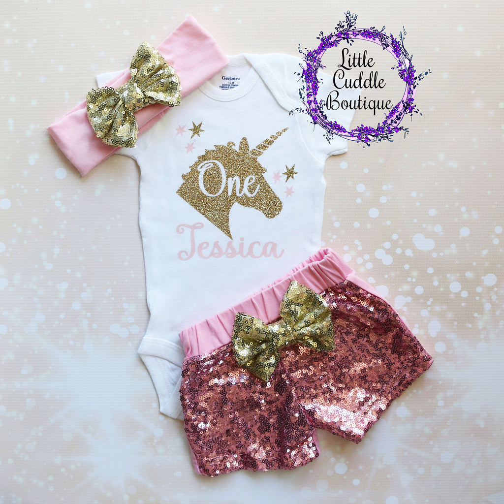 Personalized Unicorn First Birthday Shorts Outfit