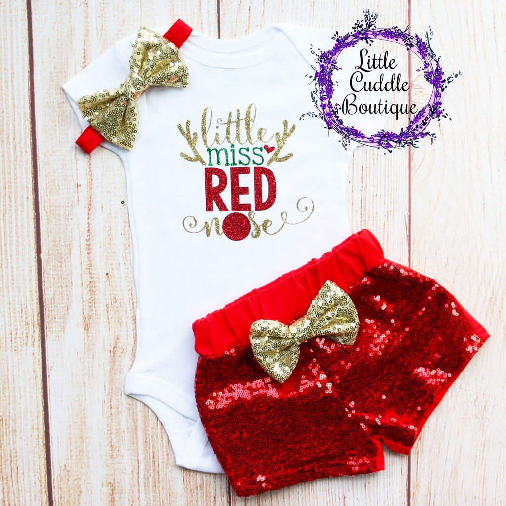 Little Miss Red Nose Christmas Baby Shorts Outfit