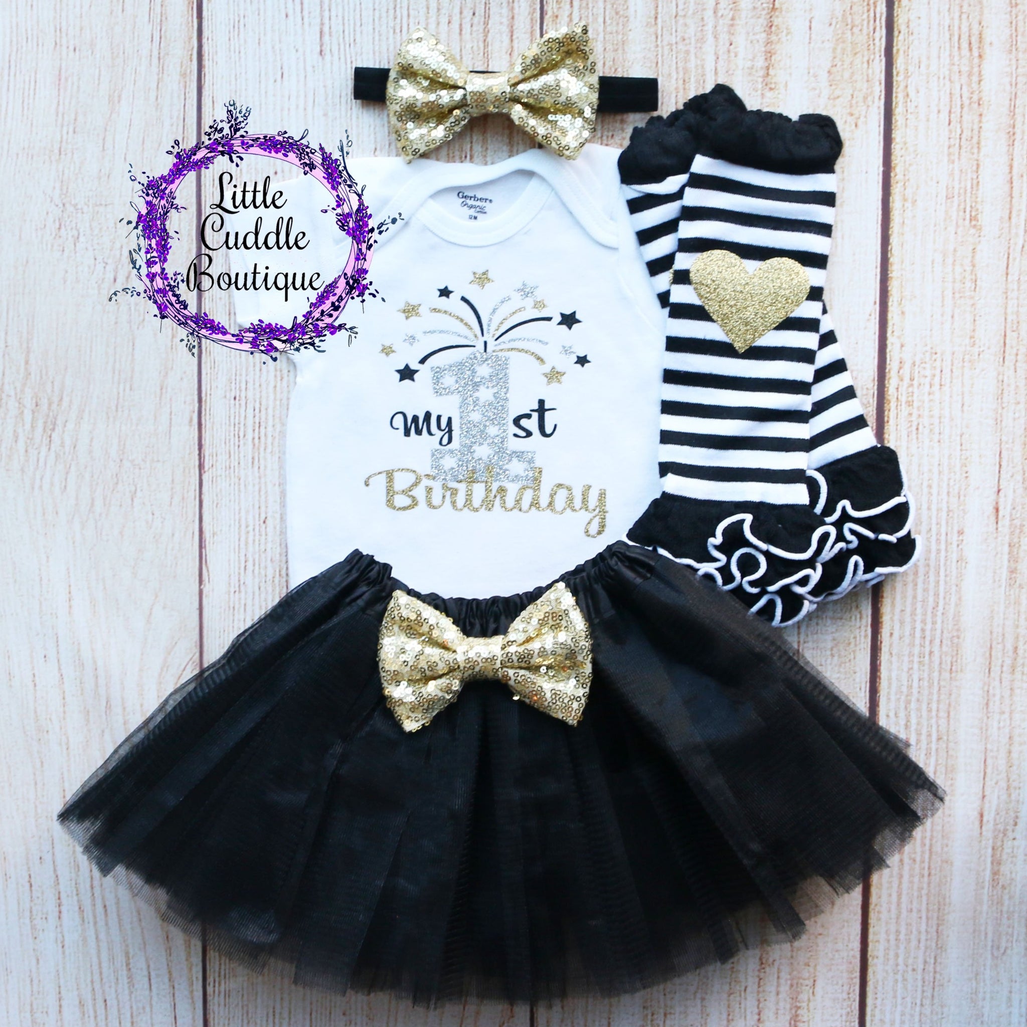 New Year's 1st Birthday Baby Tutu Outfit-Little Cuddle Boutique 4pc Set As Shown-Short Sleeve / 0-3 Months New Year's 1st Birthday Baby Tutu Outfit-Little Cuddle Boutique 4pc Set As Shown-Short Sleeve / 0-3 Months