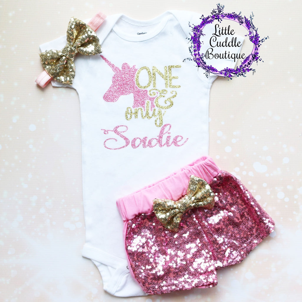 Personalized Unicorn 1st Birthday Shorts Outfit