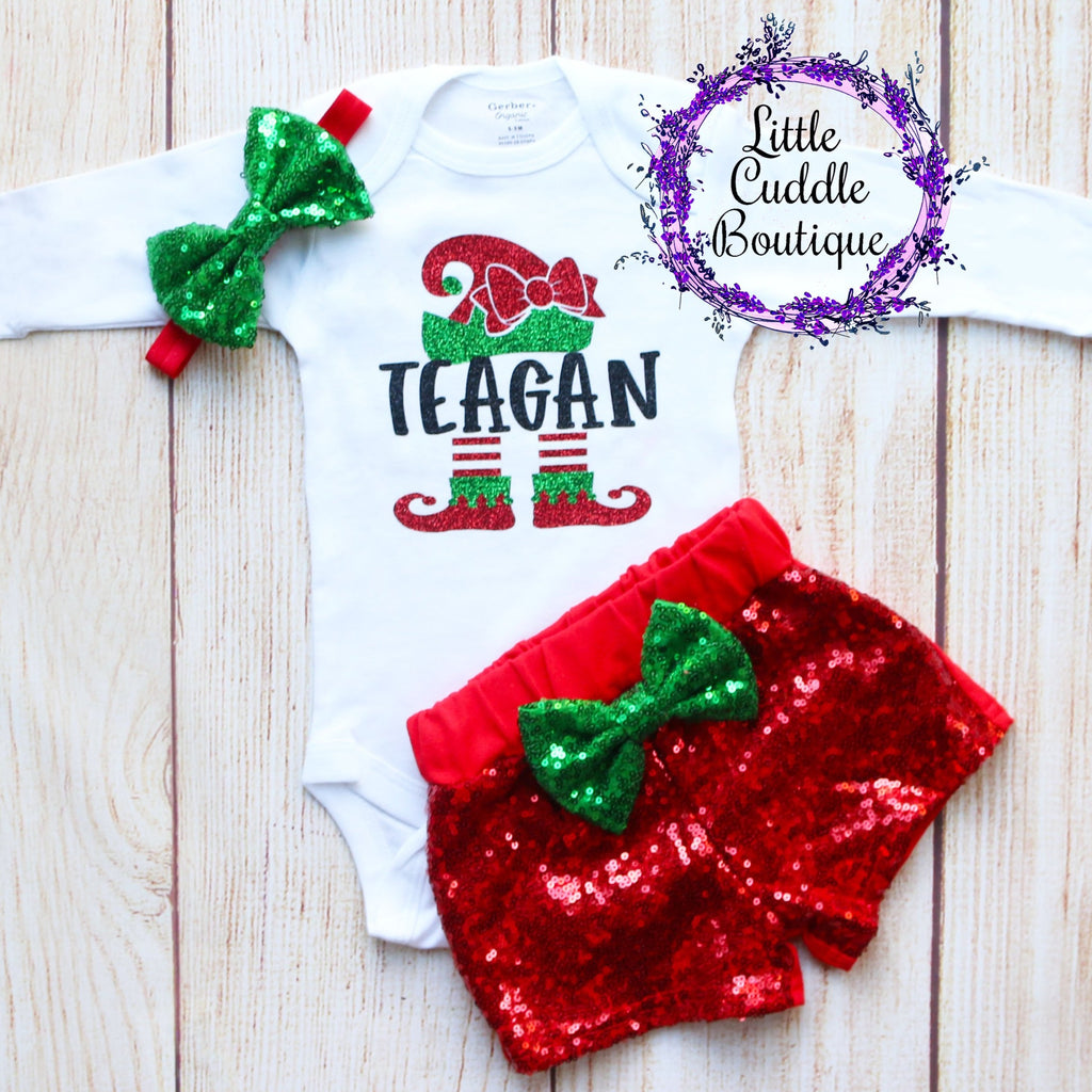 Personalized Elf Christmas Baby Shorts Outfit