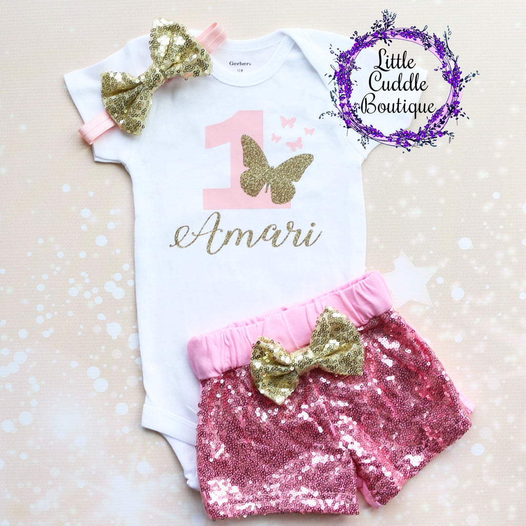 Personalized Butterfly First Birthday Shorts Outfit