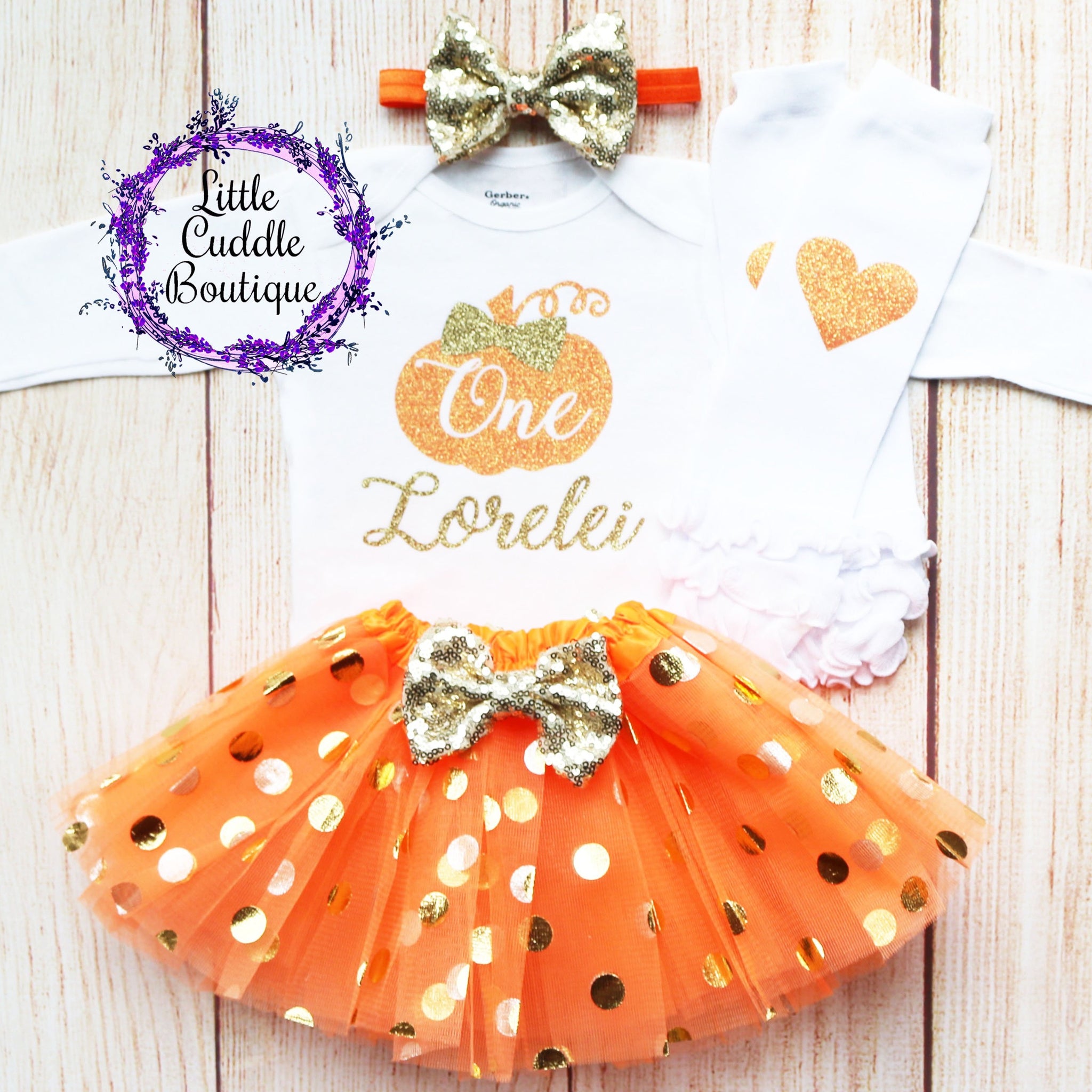 Personalized Pumpkin First Birthday Tutu Outfit-Little Cuddle Boutique 4pc Set As Shown-Short Sleeve / 6-9 Months
