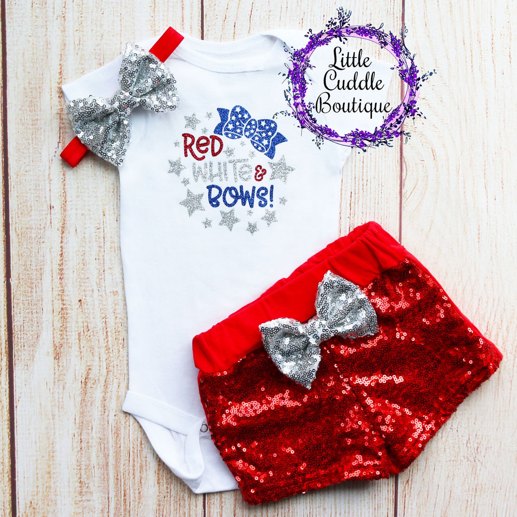 Red White & Bows Fourth of July Baby Short Outfit
