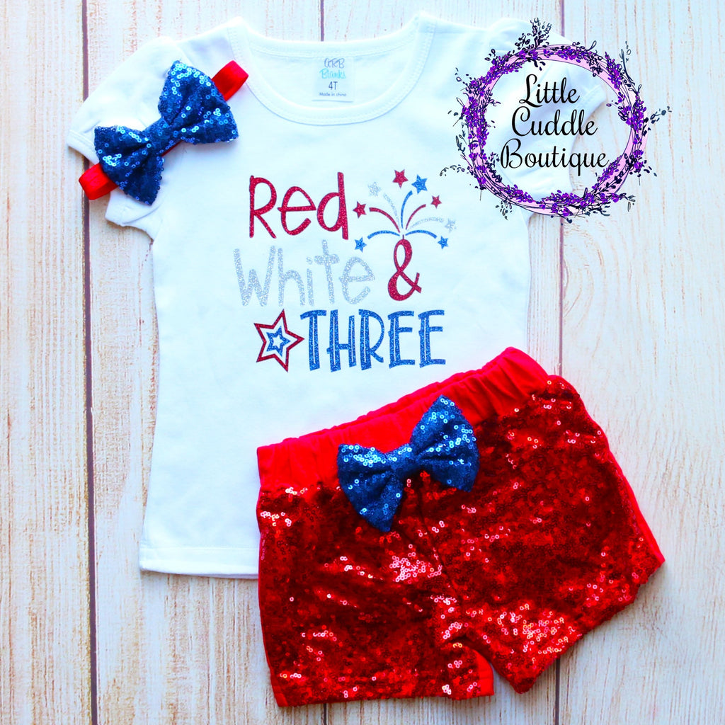 Red White & Three 4th of July Kids Birthday Shorts Outfit