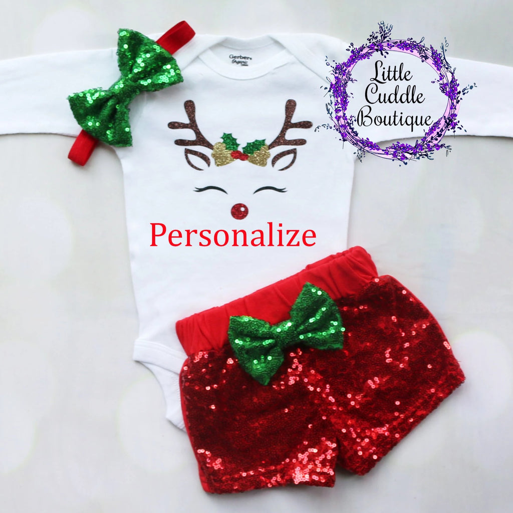 Personalized Reindeer Christmas Baby Shorts Outfit