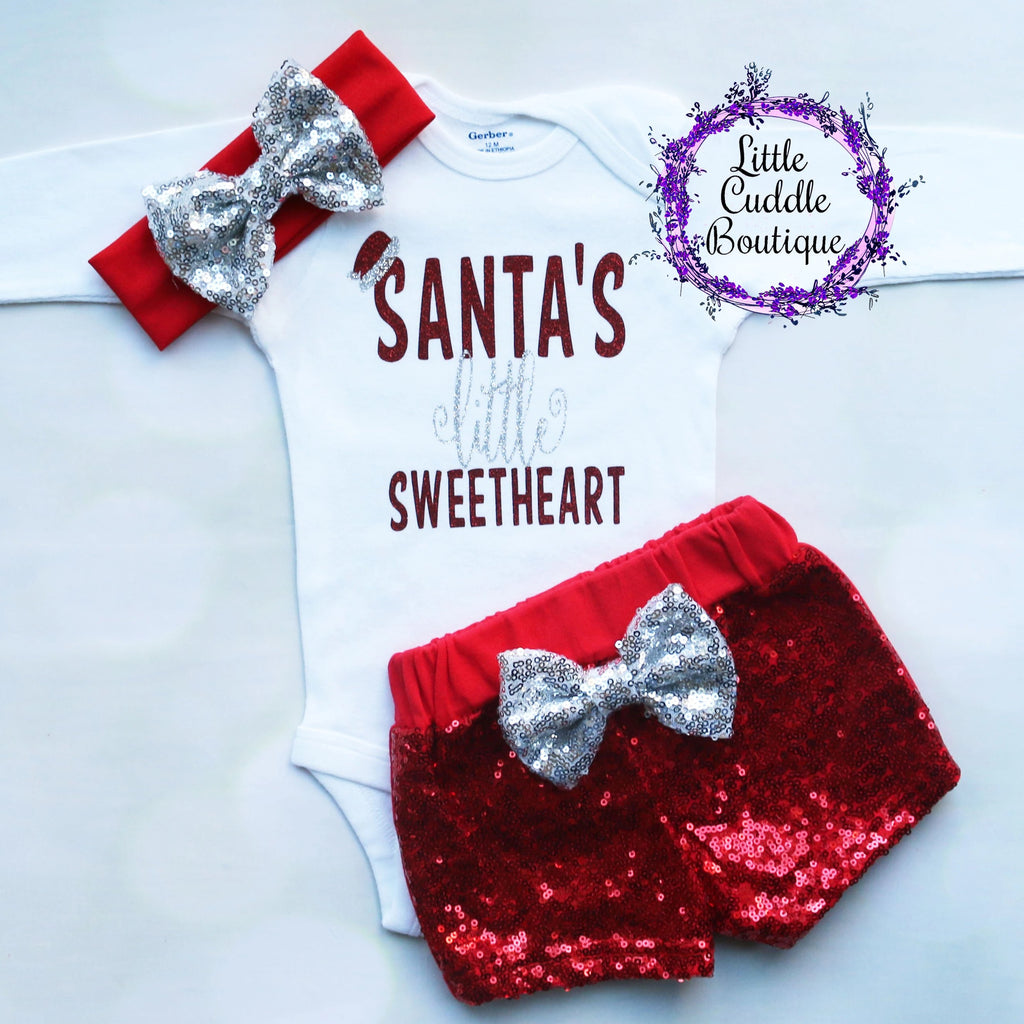 Santa's Little Sweetheart Christmas Baby Shorts Outfit