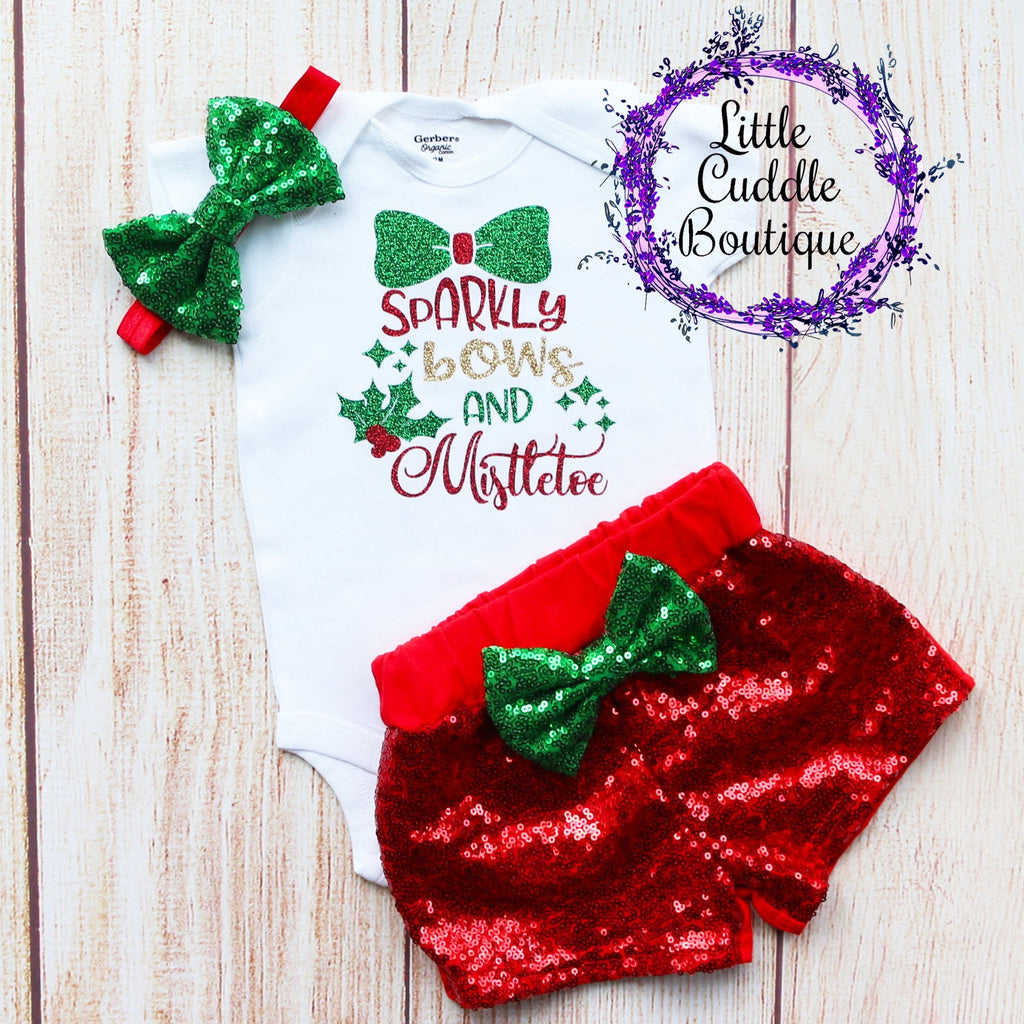 Sparkly Bows And Mistletoe Baby Shorts Outfit