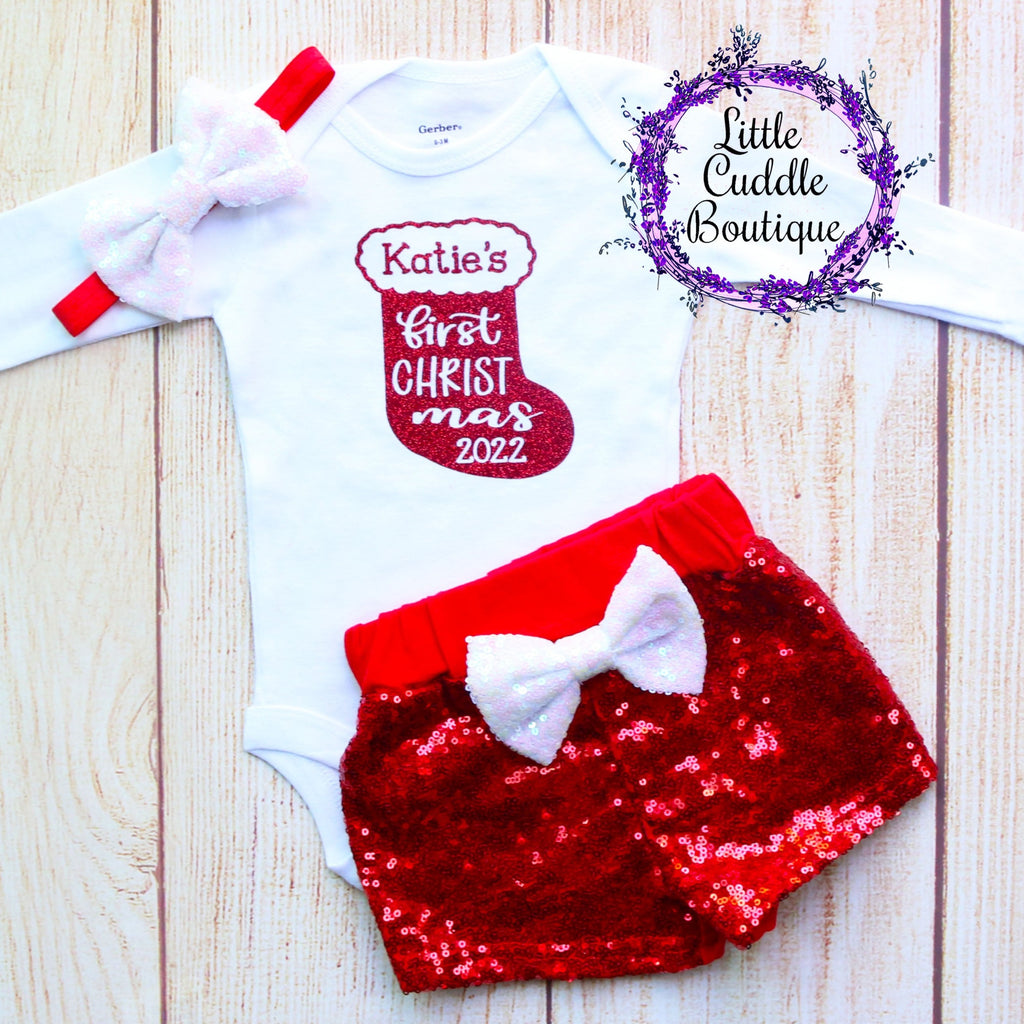 Personalized First Christmas Shorts Outfit