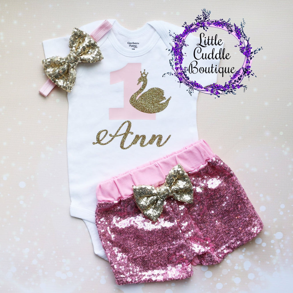 Personalized Swan First Birthday Shorts Outfit