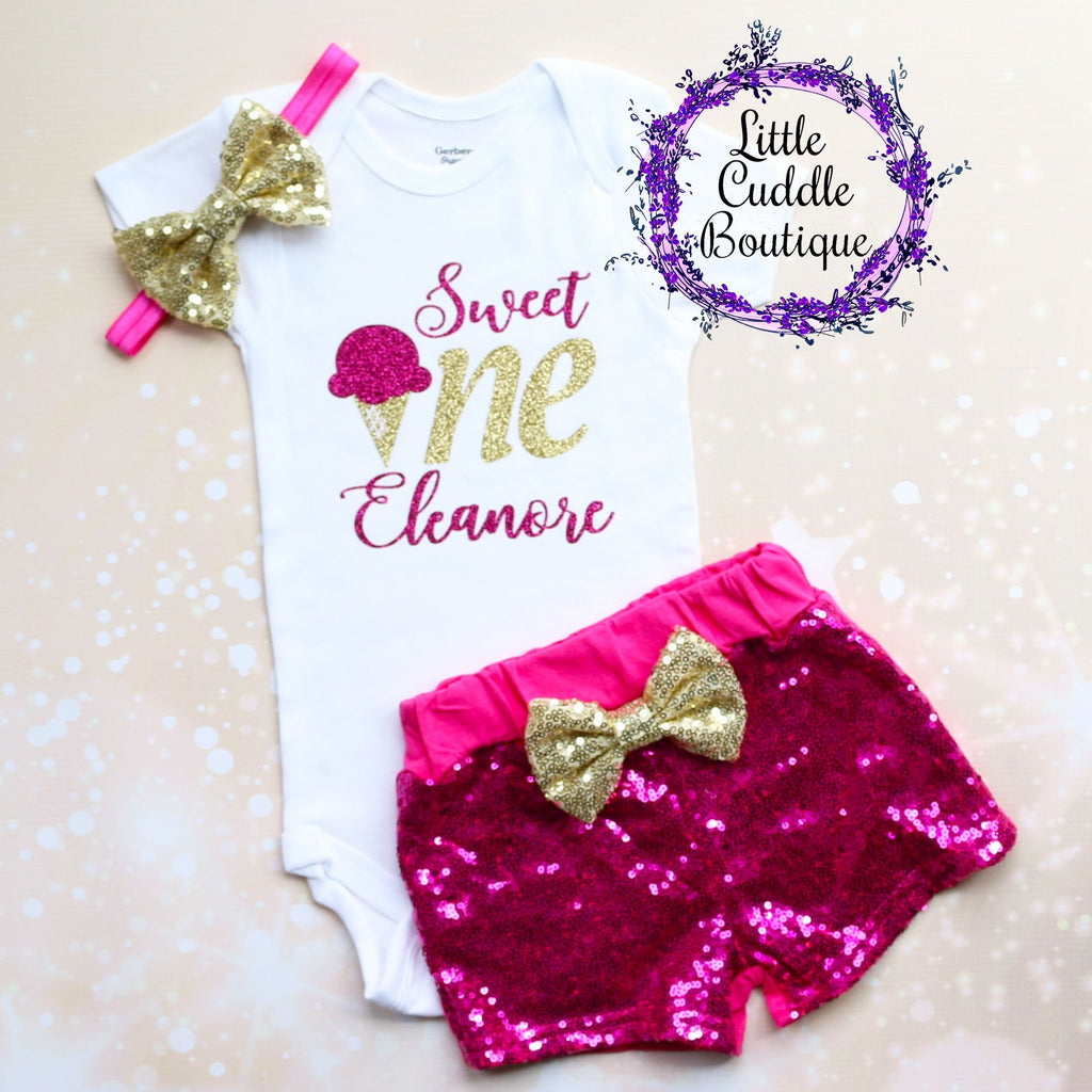 Personalized Sweet One Ice Cream Birthday Shorts Outfit
